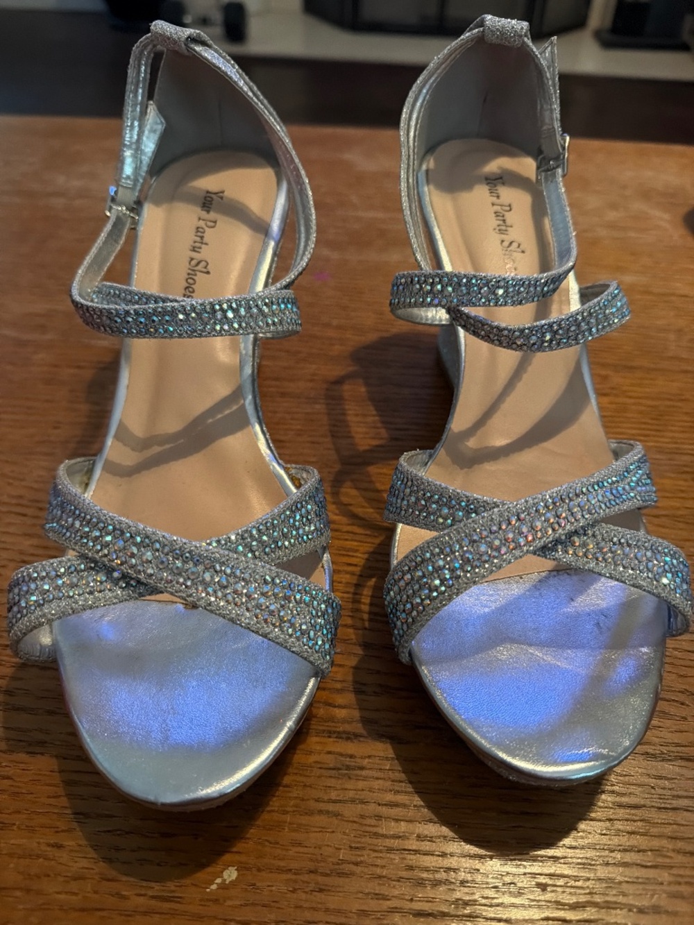 Silver rhinestone wedge heels